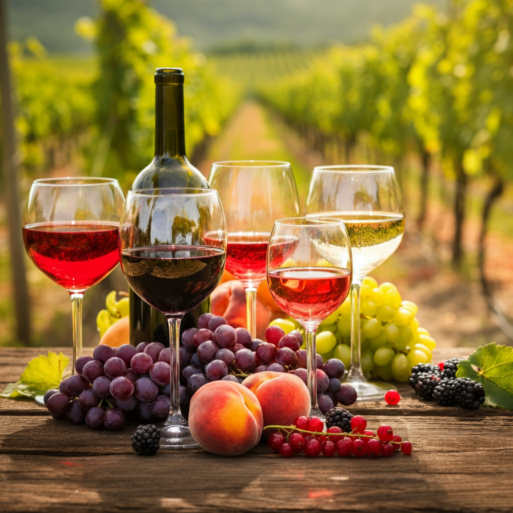 Wine glasses, grapes, and fruits on a wooden table in a vineyard.