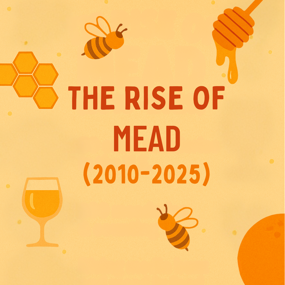 Illustration about the rise of mead from 2010 to 2025, with bees and honey.