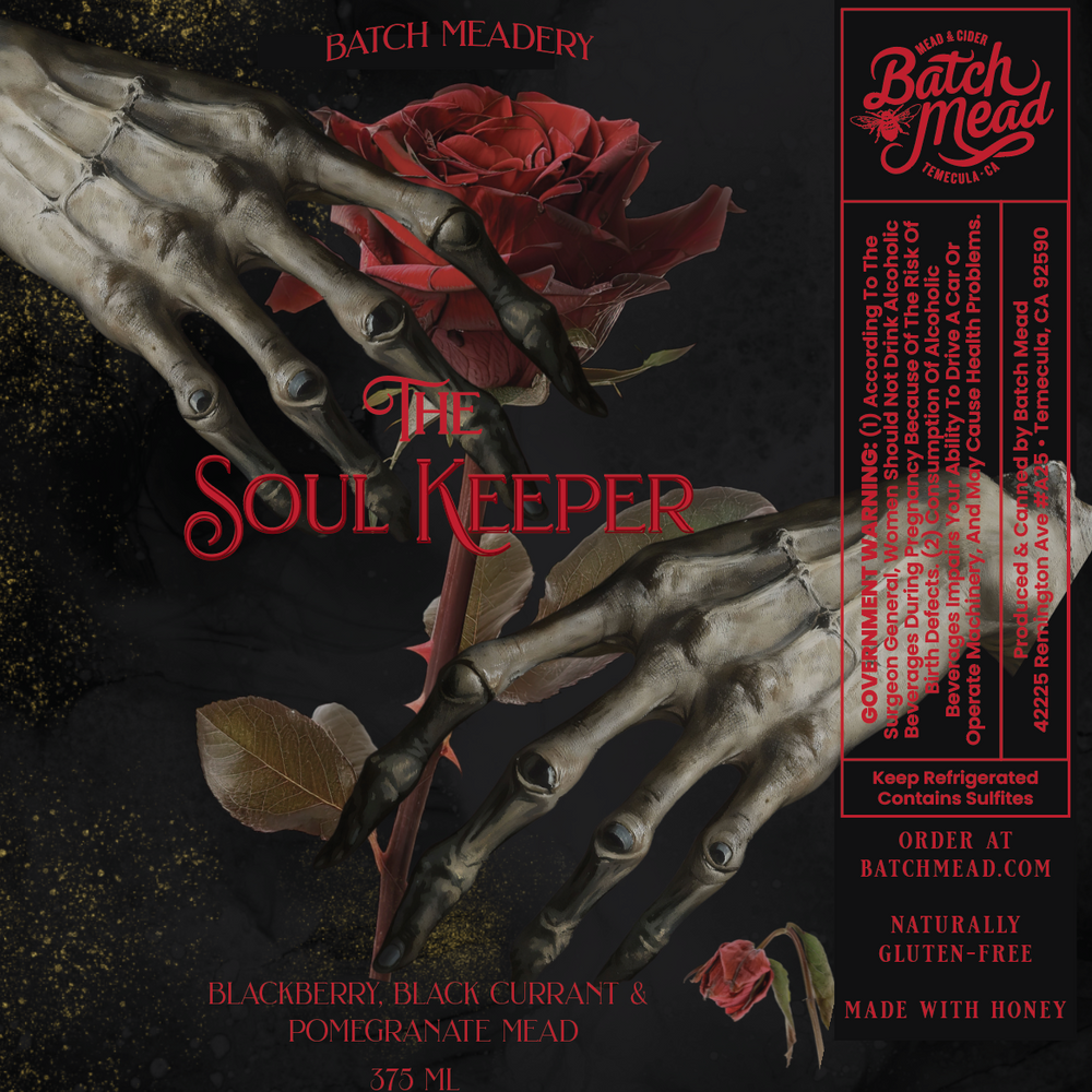 Mead label with skeleton hands holding a red rose, Batch Meadery branding.